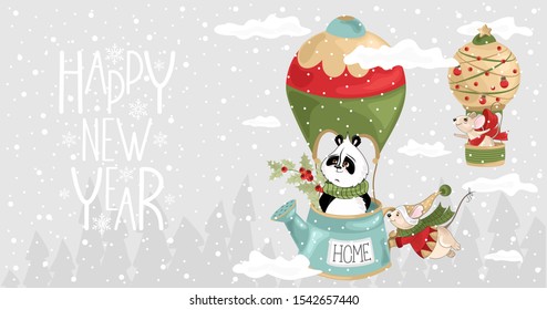 Christmas card with Mouse and Panda on a balloon. Handwritten Happy New Year greetings. Vector illustration.