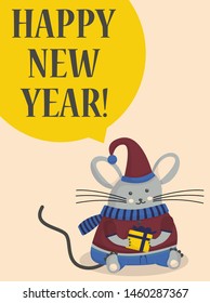 
Christmas card with a mouse. The rat is the symbol of 2020. 
Vector illustration on a light background.