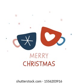 Christmas card with mugs: Merry Christmas. Vector cartoon illustration. Hand drawn typography poster. Vector illustration for greeting cards, posters, gift tags. Xmas design