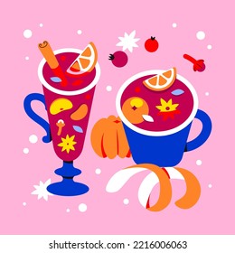Christmas card with mulled wine. Warming winter drinks in a glass and mug. Drinks for the menu