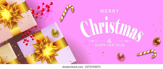 Tarjeta navideña, cajas de regalo multicolor con un arco dorado brillante.