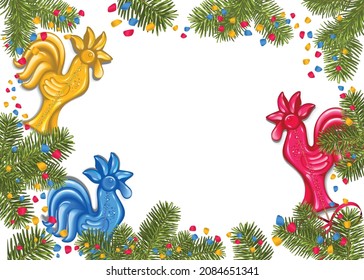 Tarjeta de Navidad. Coloquios multicolores en forma de gallo alrededor de las ramas de un árbol de Navidad y confetti sobre un fondo blanco.