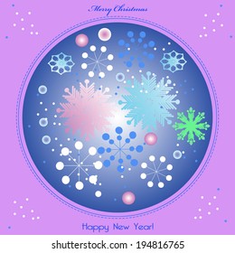 Christmas card with multicolored snowflakes on a gradient background.
