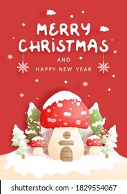 Christmas card with mushrooms house, paper cut vector illustration