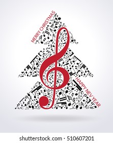 Christmas card. Musical tree isolated on white background. Vector Illustration
