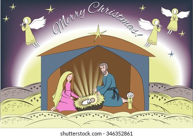 Christmas card with nativity scene. Jesus Christ, Virgin Mary, and Joseph. Desert background.