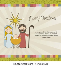 Christmas Card With Nativity Scene, Vintage Style. Vector