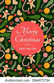 Christmas card with natural pine, twigs, cones, garland, gingerbread men, sweets, cookies and dried orange. Illustration of Merry Christmas and New Year. Seamless pattern
