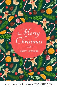 Christmas card with natural pine, twigs, cones, garland, gingerbread men, sweets, cookies and dried orange. Illustration of Merry Christmas and New Year. Seamless pattern.