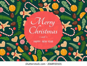 Christmas card with natural pine, twigs, cones, garland, gingerbread men, sweets, cookies and dried orange. Illustration of Merry Christmas and New Year. Seamless pattern.