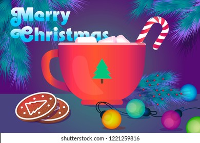 Christmas card in neon colors. Spruce branches, a garland and a red mug on the table. Vector.