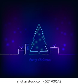 Christmas card. Neon silhouette of a Christmas tree and gifts on a dark background. Vector illustration