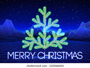 Christmas card with neon Christmas tree and 80s styled retro computer background