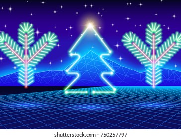Christmas card with neon tree and 80s computer background