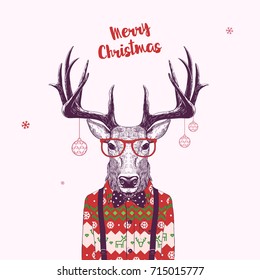 Christmas Card With Nerd Hipster Deer, Vector Illustration