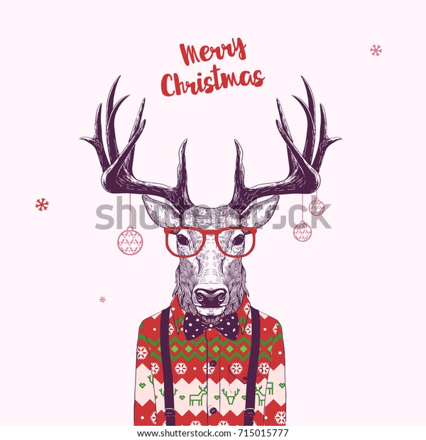 クリスマスカードとオタクの鹿 ベクターイラスト のベクター画像素材 ロイヤリティフリー