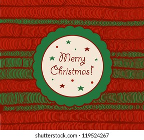 Christmas card with netting hand-drawn texture. Vintage element for xmas design. Circle frame with text. Rosette