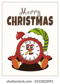 A Christmas card with a New Year clock. Chimes. Cartoon groovy style character.