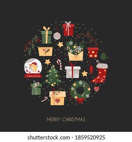 Tarjeta navideña con elementos de Año Nuevo en círculo sobre fondo gris. Artículos aislados de Año Nuevo. Árbol de Navidad, bola de vidrio, regalos y corona. Folleto de plantilla de diseño. Ilustración de material vectorial.