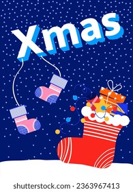 Tarjeta de Navidad con elementos de Año Nuevo. Ilustración vectorial en estilo plano. Saludos, regalos y otros accesorios de invierno de Año Nuevo.