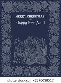 Christmas card and New Year greeting with fantasy medieval city landscape in hand drawn snowflakes frame 