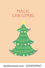 Christmas card, new year card, merry christmas, xmas, christmas tree with hand written text, hand lettering. Vector card design template