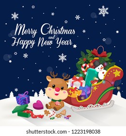 Christmas Card and New year on dark navy and snow background with reindeer, sleigh, christmas ornament and a lot of gift box. Vector Illustration