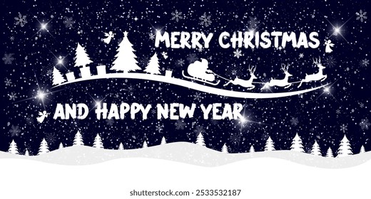 Christmas card and New Year on night Xmas background with winter landscape, flying Santa Claus with gifts, light, stars. Merry Christmas card. Vector Illustration.