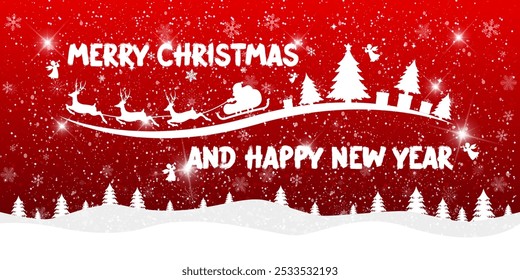 Christmas card and New Year on red Xmas background with winter landscape, flying Santa Claus with gifts, light, stars. Merry Christmas card. Vector Illustration.