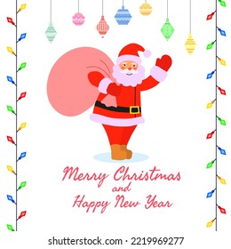 Christmas card for the new year with smiling Santai Claus waving and a bag of gifts on a white background. Flat style vector illustration for posters and holiday or party invitations