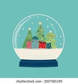 Christmas card. New Year snow globe with decorated Christmas trees and gifts, falling snow, blue background. Vector illustration. 