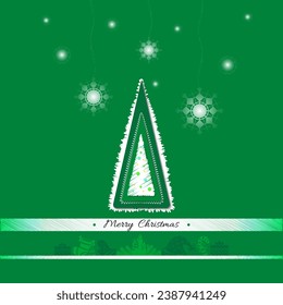 Christmas card with New Year tree and snowflakes and Christmas decorations on a green background. Vector illustration is perfect for invitations, flyers, cards, backgrounds, etc.