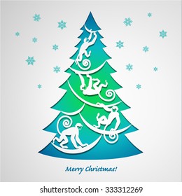 Christmas Card. New Year Tree with monkeys. Creative Paper Design. 