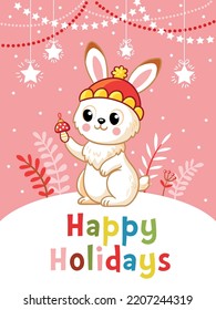 Christmas card with New Year's bunny on a snowy background in cartoon style. New Year's illustration on a Christmas theme and with an inscription.