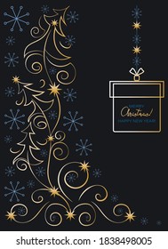 Christmas card. New Years greetings. Vector decorative elements of festive design gift, trees, stars