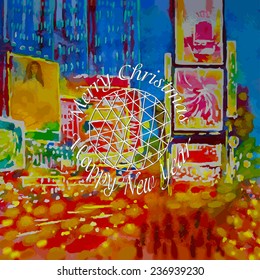 Christmas Card with New York and Times Square. Vector watercolor illustration