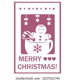 Christmas card with nice cartoon character. Gingerbread cookie man in a hot cup of cappuccino. Flat design, vector illustration
