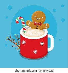 Christmas card with nice cartoon character. Gingerbread cookie man in a hot cup of cappuccino. Flat design, vector illustration