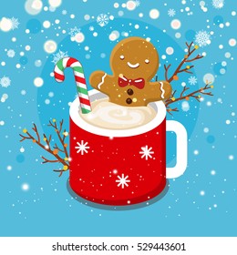 Christmas card with nice cartoon character. Gingerbread cookie man in a hot cup of cappuccino. Flat design, vector illustration