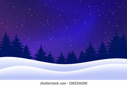 Christmas card. Night with pine trees, snow, dark blue sky. Vector winter starry background. Vector illustration. Holiday scene design, decor for banner, web, poster. Vector illustration