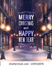 Christmas card with night street background. Vector illustration.