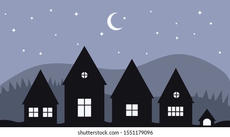 Christmas card. Night village. flat illustration