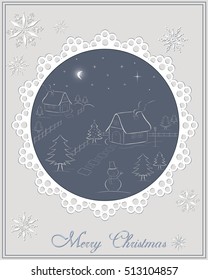 Christmas card - night winter scene in the village: little houses with smoking chimney, christmas tree and snowman