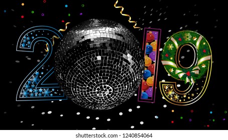 Christmas card with numbers 2019. Vector illustration with numbers decorated with snowflakes, Christmas balls, fir wreath and disco ball on black background