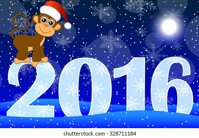 Christmas card with the numbers of the year 2016 and monkey, vector illustration