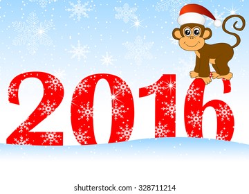 Christmas card with the numbers of the year 2016 and monkey, vector illustration
