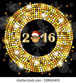 Christmas card with the numbers of the year 2016 and monkey, vector illustration
