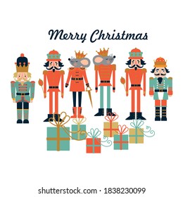 Christmas card with nutckracers ,mouse kings and presents. Vector illustrationm. 