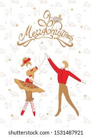 Christmas card with nutcracker ballet, princess, Mouse King, dancing cartoon Ballerina characters in yellow ballet skirts and man ballet dancer dressed in yellow tights and pointe making 