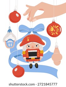 Weihnachtskarte mit Nussknacker und Weihnachtsdekorationen.